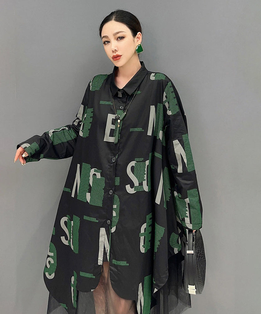 White Abstract Letter Sheer Shirt Dress by FJØRNA, flowing lightweight dress with abstract print and button front detail.