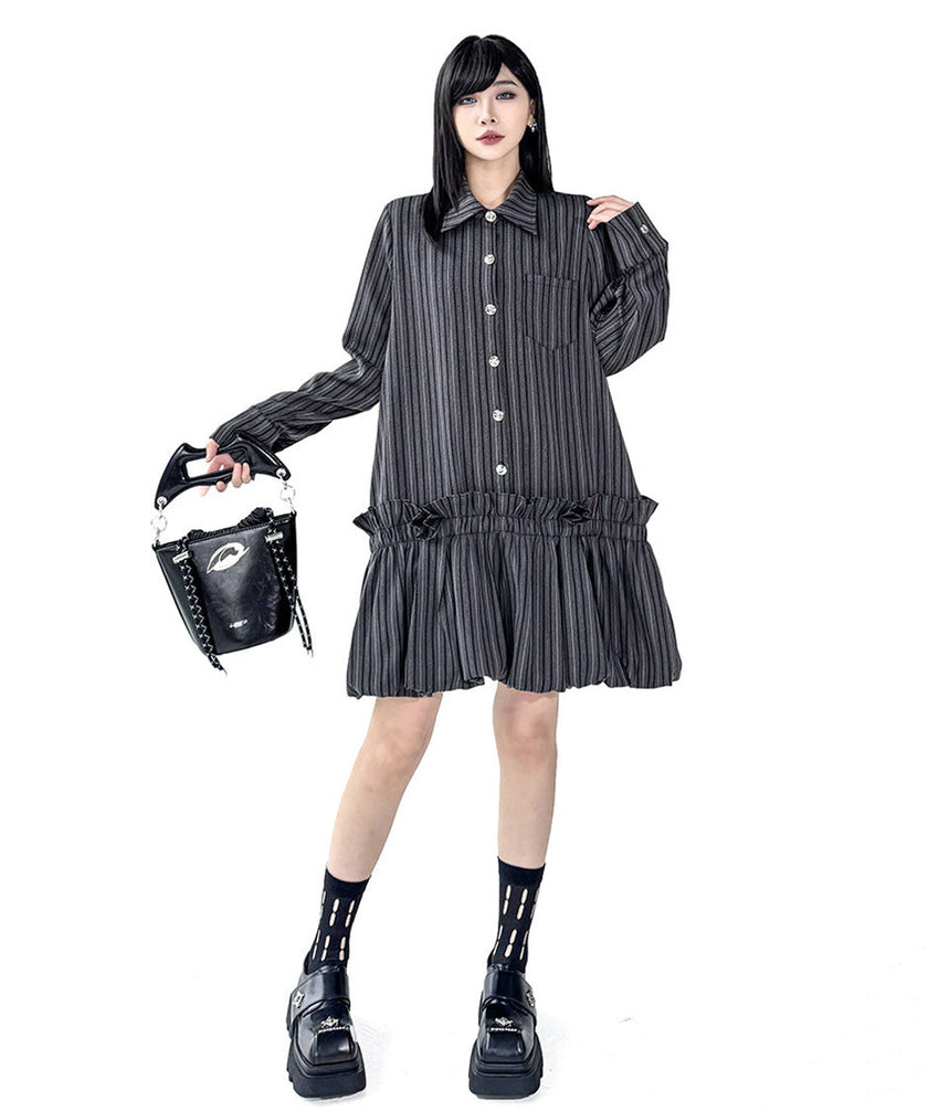 FJØRNA Stripe Tier Shirt Dress in white, casual knee-length dress with tiered design and button-front, perfect for summer wear.
