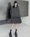 FJØRNA Stripe Tier Shirt Dress in white, featuring a tiered design with long sleeves and a classic shirt collar.