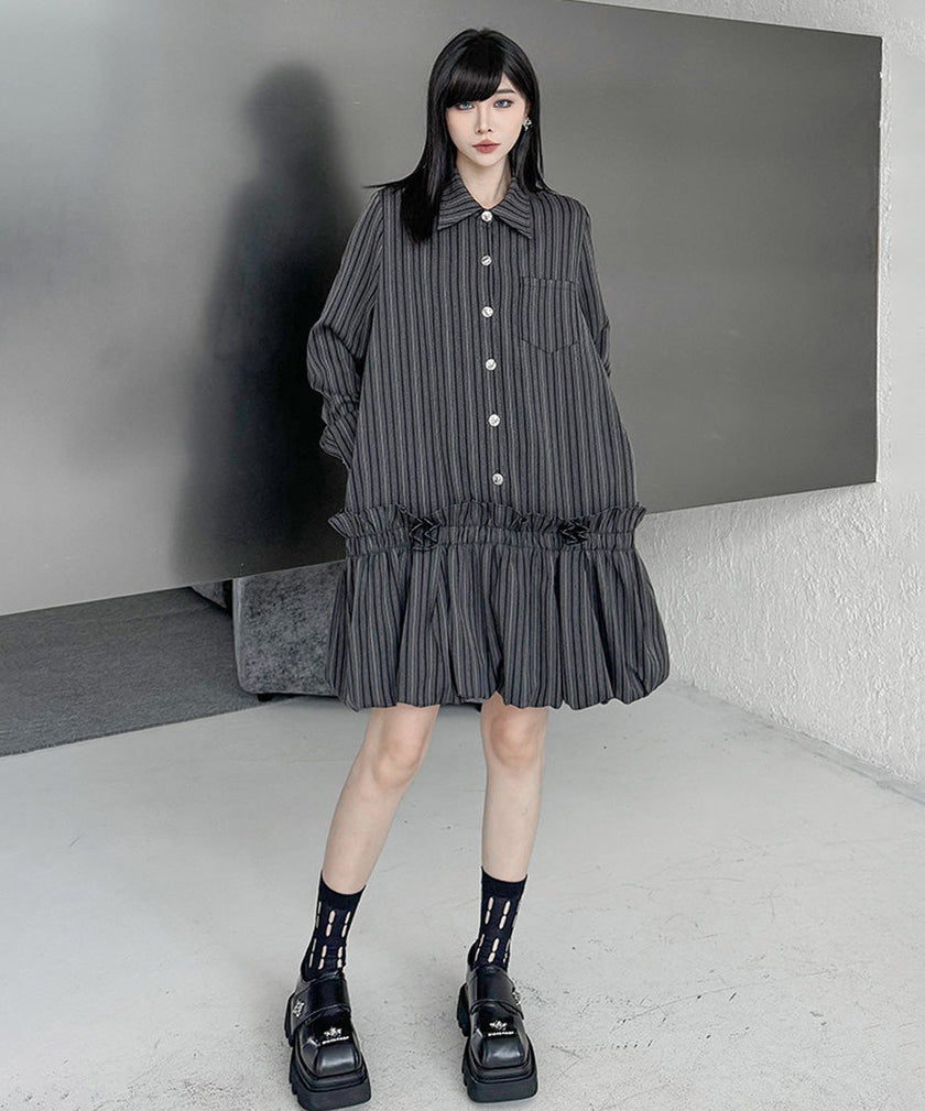 FJØRNA Stripe Tier Shirt Dress in white, featuring a tiered design with long sleeves and a classic shirt collar.