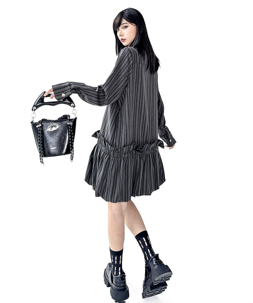 FJØRNA Stripe Tier Shirt Dress in white, featuring a button-down front, tiered design, and collar, casual chic look.
