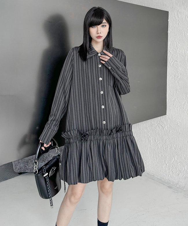 FJØRNA Stripe Tier Shirt Dress in white, featuring a relaxed fit with tiered design and button-front detail.
