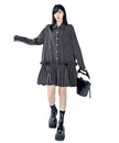 FJØRNA Stripe Tier Shirt Dress in white, featuring vertical stripes, long sleeves, and a relaxed fit for casual style.