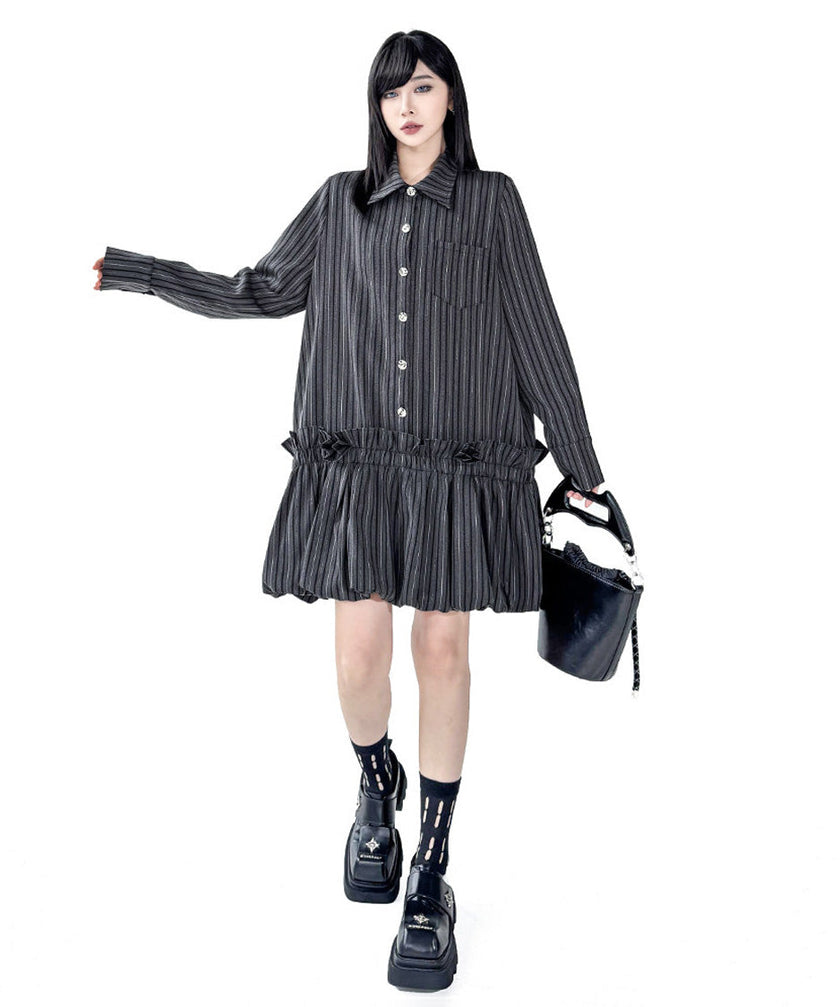 FJØRNA Stripe Tier Shirt Dress in white, featuring vertical stripes, long sleeves, and a relaxed fit for casual style.