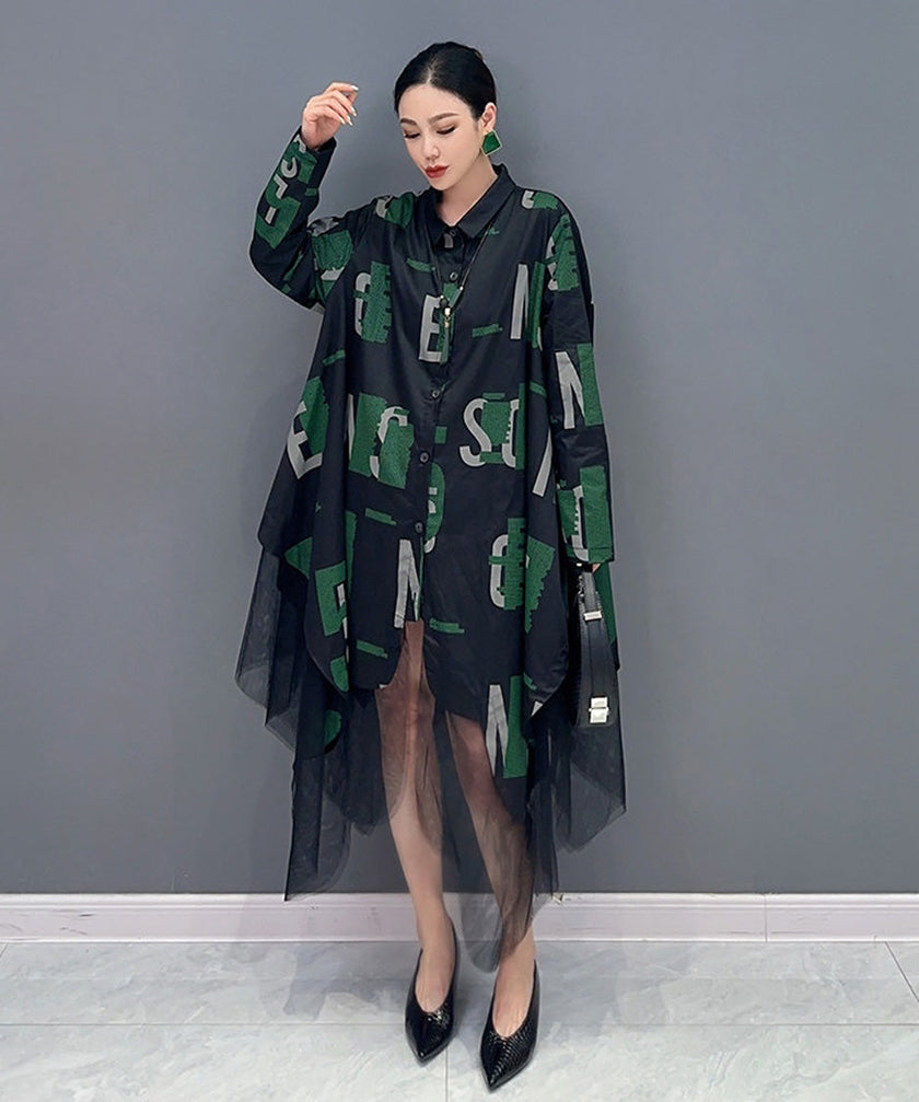 White Abstract Letter Sheer Shirt Dress by FJØRNA, flowing lightweight dress with artistic print and sheer fabric details.