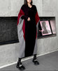 White FJØRNA panel knit long dress displayed on a model, featuring a fitted silhouette and elegant length.
