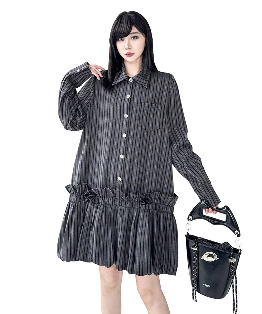 FJØRNA Stripe Tier Shirt Dress in white, featuring a relaxed fit, tiered design, and classic shirt dress style.
