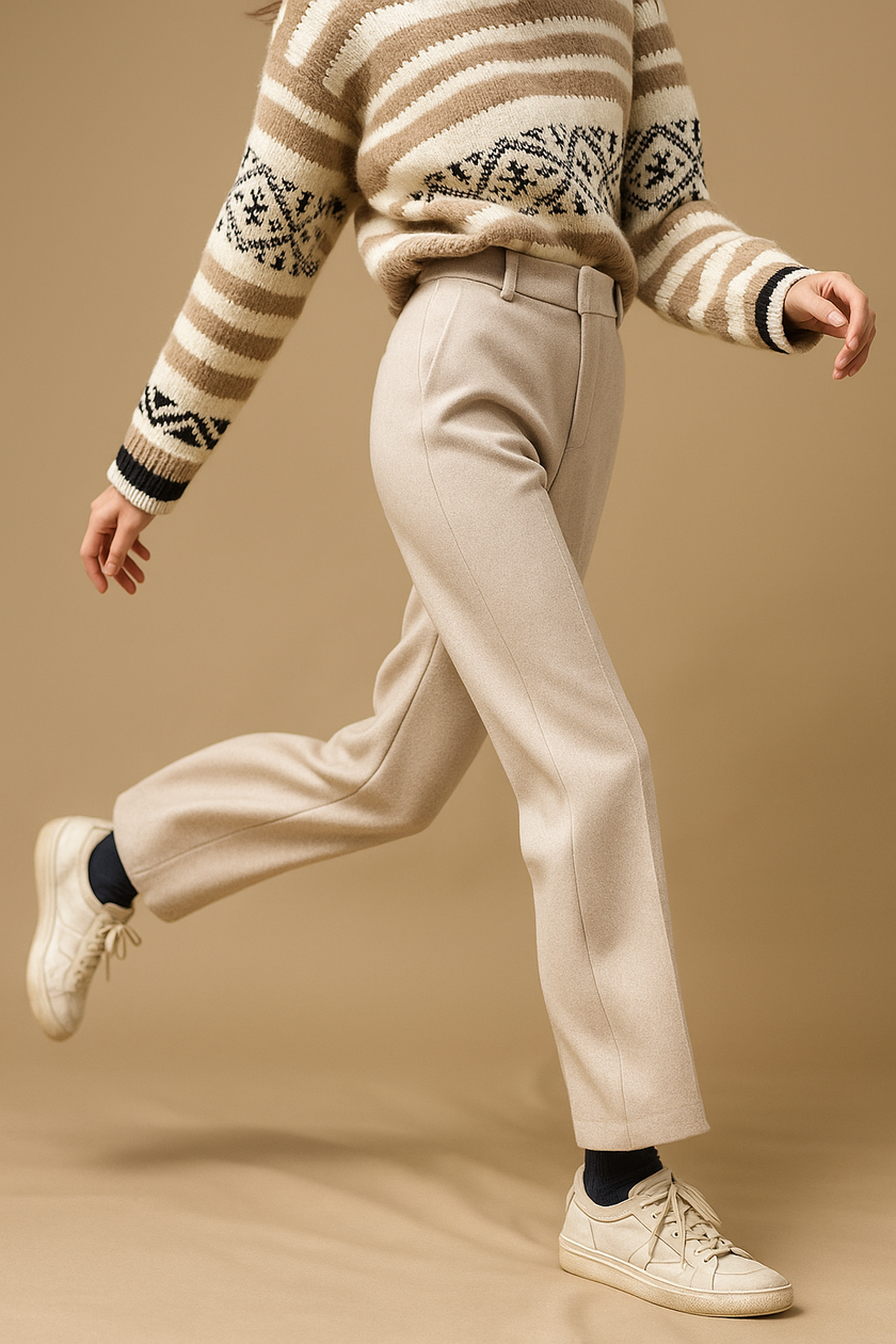 FJØRNA women's wool blend trousers, stylish pants with a tailored fit, displayed on a model showcasing front and side views.