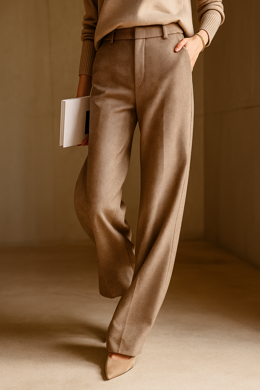 FJØRNA women's wool blend trousers, stylish pants with tailored fit, shown on a model in a studio setting.