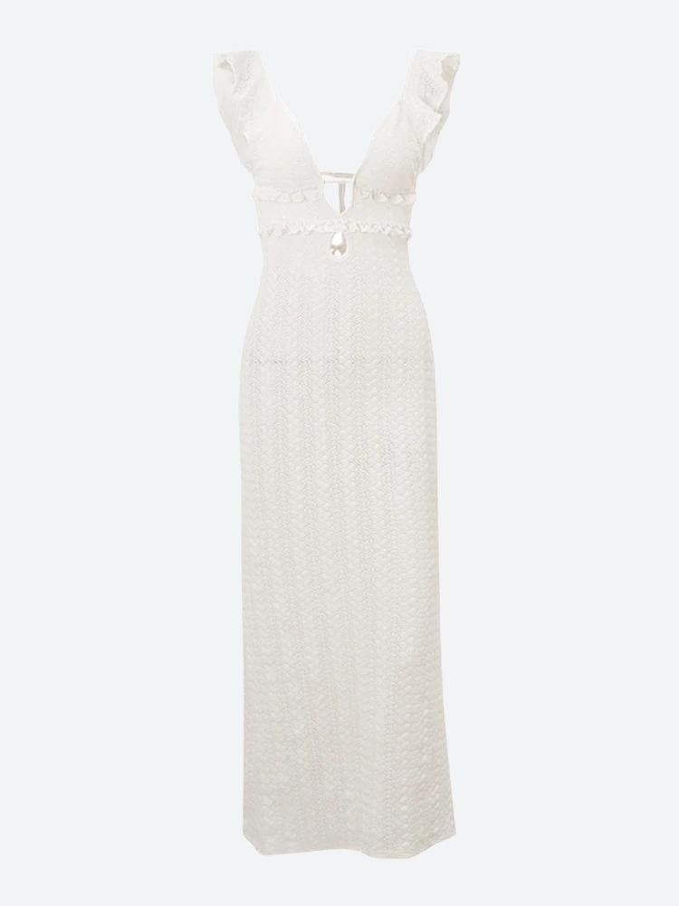 FJØRNA white lace-backless maxi dress with plunge neckline, elegant sleeveless design, perfect for formal occasions