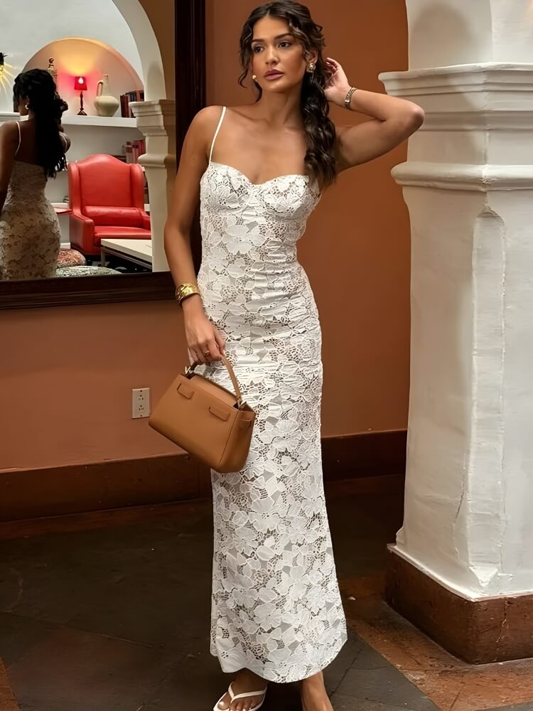 FJØRNA lace bodycon midi dress for women, showcasing elegant fitted design with intricate lace details perfect for day to night wear.