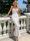 FJØRNA lace bodycon midi dress for women, showcasing a fitted design with intricate lace details, perfect for day to night wear.