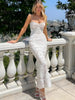 FJØRNA lace bodycon midi dress for women, showcasing a fitted design with intricate lace details, perfect for day to night wear.