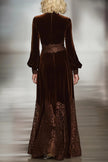 FJØRNA elegant high-neck velvet maxi dress for women with lace patchwork and balloon sleeves, perfect for stylish occasions.