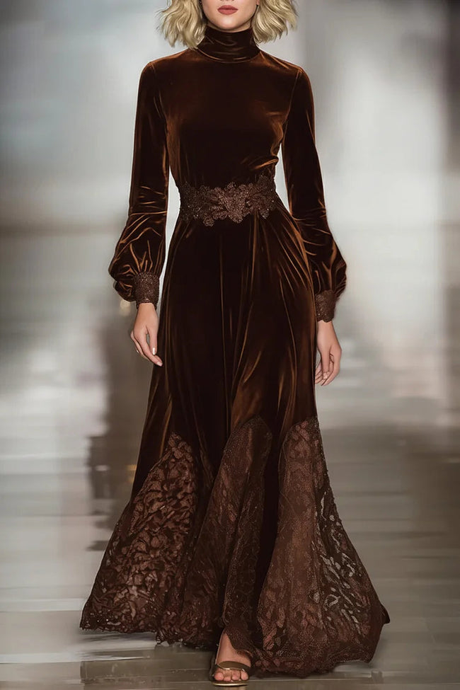 FJØRNA elegant women's velvet maxi dress with high neck, lace patchwork, and balloon sleeves, perfect for formal occasions.