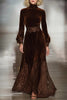 FJØRNA elegant women's velvet maxi dress with high neck, lace patchwork, and balloon sleeves, perfect for formal occasions.