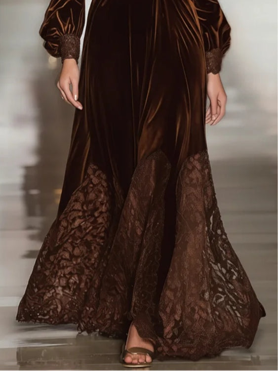FJØRNA elegant velvet maxi dress for women with high neck, lace patchwork, and balloon sleeves, perfect for stylish occasions.