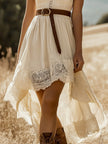 FJØRNA lace sleeveless midi casual dress displayed on a hanger, showcasing delicate lace fabric and elegant sleeveless design.