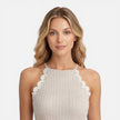 Women's slim fit sleeveless summer dress with lace trim by FJØRNA, featuring a casual style and flattering fit.