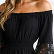 Women's off-shoulder lace maxi dress by FJØRNA, elegant summer dress with flowing fabric and stylish design.