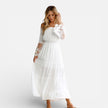 Women's off-shoulder lace maxi dress by FJØRNA, elegant summer dress with flowing silhouette and delicate lace details.
