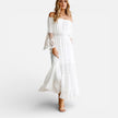Women's off-shoulder lace maxi dress by FJØRNA featuring an elegant summer design, perfect for warm-weather occasions.
