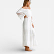 Women's off-shoulder lace maxi dress by FJØRNA, elegant summer dress with flowing fabric and stylish shoulder design.