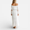 Women's off-shoulder lace maxi dress by FJØRNA, elegant summer dress with flowing fabric and stylish design.