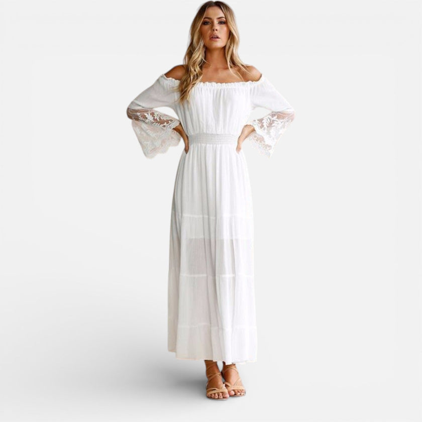 Women's off-shoulder lace maxi dress by FJØRNA, elegant summer dress with flowing fabric and feminine design.