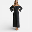 Women's off-shoulder lace maxi dress by FJØRNA, elegant summer dress with flowing silhouette and intricate lace details.