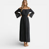 Women's off-shoulder lace maxi dress by FJØRNA, elegant summer dress with flowing silhouette and intricate lace details.