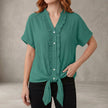 Lake green summer blouse for women by FJØRNA, V-neck denim top with ruffles, casual and stylish for warm weather.