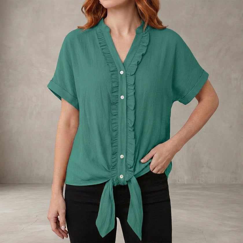 Lake green summer blouse for women by FJØRNA, V-neck denim top with ruffles, casual and stylish for warm weather.