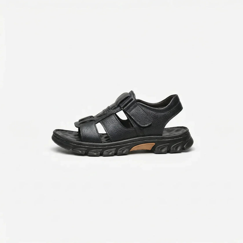 FJØRNA men's open toe strap sandals with leather straps and cushioned sole, perfect for casual summer wear.