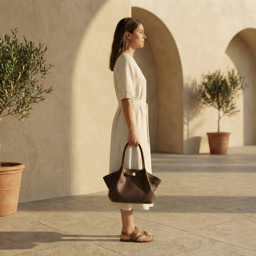 FJØRNA leather medium work tote bag with sturdy handles and spacious interior, ideal for daily work essentials.
