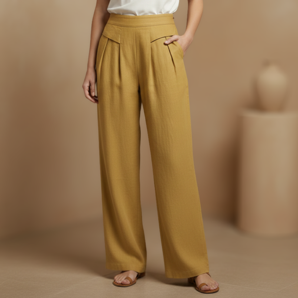 Women’s high waist cotton linen wide leg trousers by FJØRNA with relaxed fit and side pockets, in plain color.