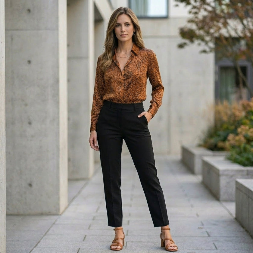 FJØRNA women's summer blouse with print, long sleeves, casual fit, worn outdoors in a lifestyle setting.