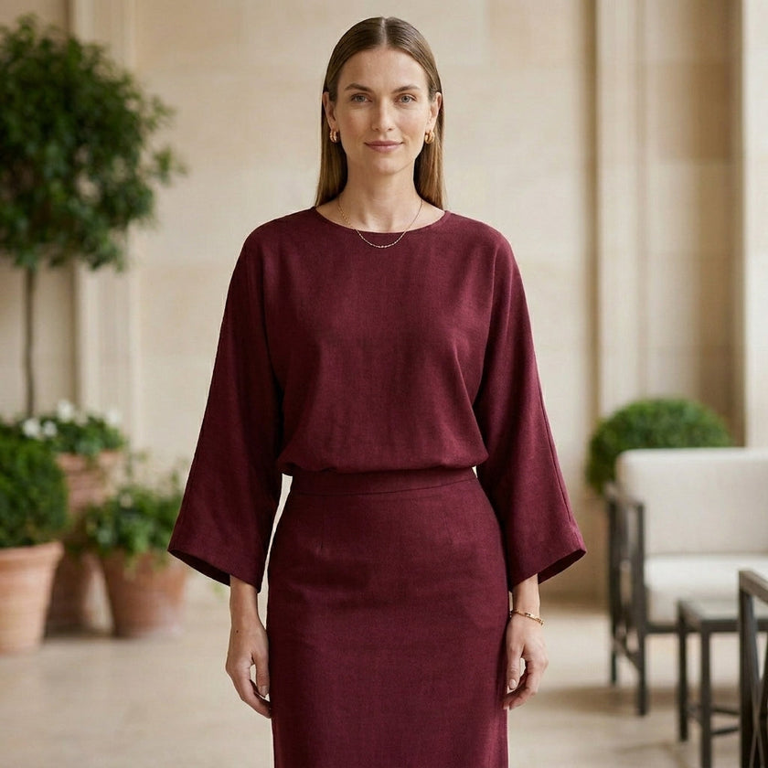 FJØRNA two-piece textured woven skirt suit with draped high-waist silhouette, styled in a lifestyle setting.