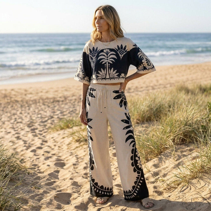 FJØRNA printed crop top and wide-leg pants matching set, casual lifestyle outfit with colorful patterns and relaxed fit.