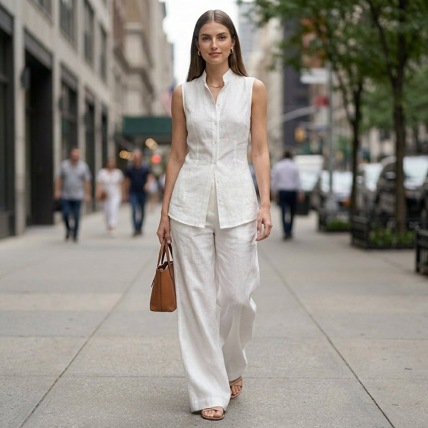 FJØRNA sleeveless high-neck two-piece set with flowing wide-leg trousers, styled in a modern, elegant outfit for women.