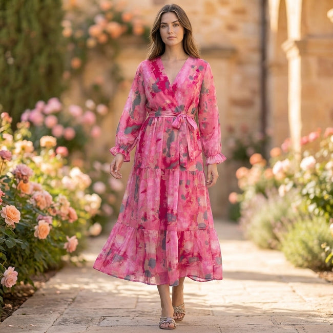 FJØRNA belted tiered A-line wrap maxi dress for women, featuring a flowy silhouette and stylish design in a lifestyle setting.