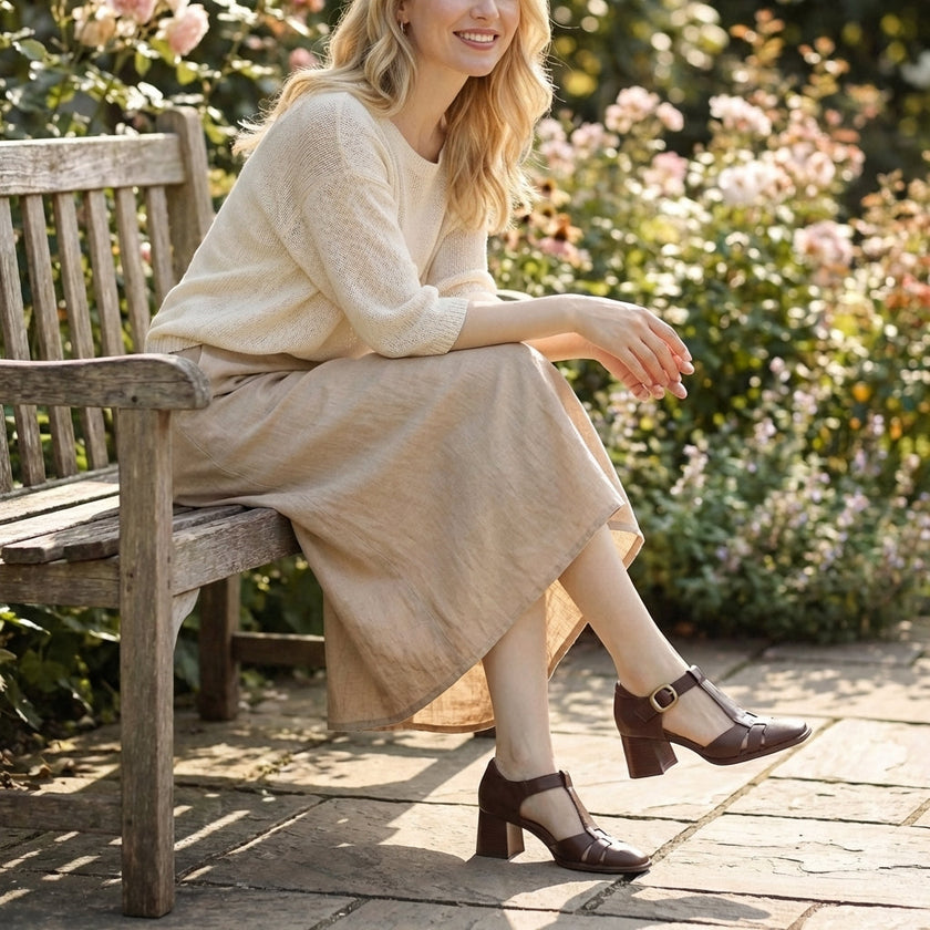 FJØRNA orthopedic chunky heel square toe T-strap sandals for women, showing stylish design and comfortable fit.