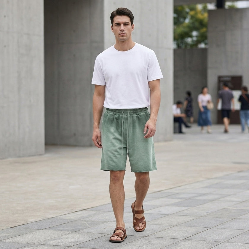 Men's casual knit shorts by FJØRNA with distressed finish, raw hem, and relaxed fit, shown in a lifestyle setting.