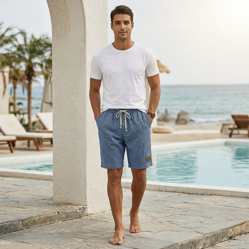 Men's casual drawstring shorts with pockets and elegant accents, styled for everyday comfort and relaxed fashion by FJØRNA.