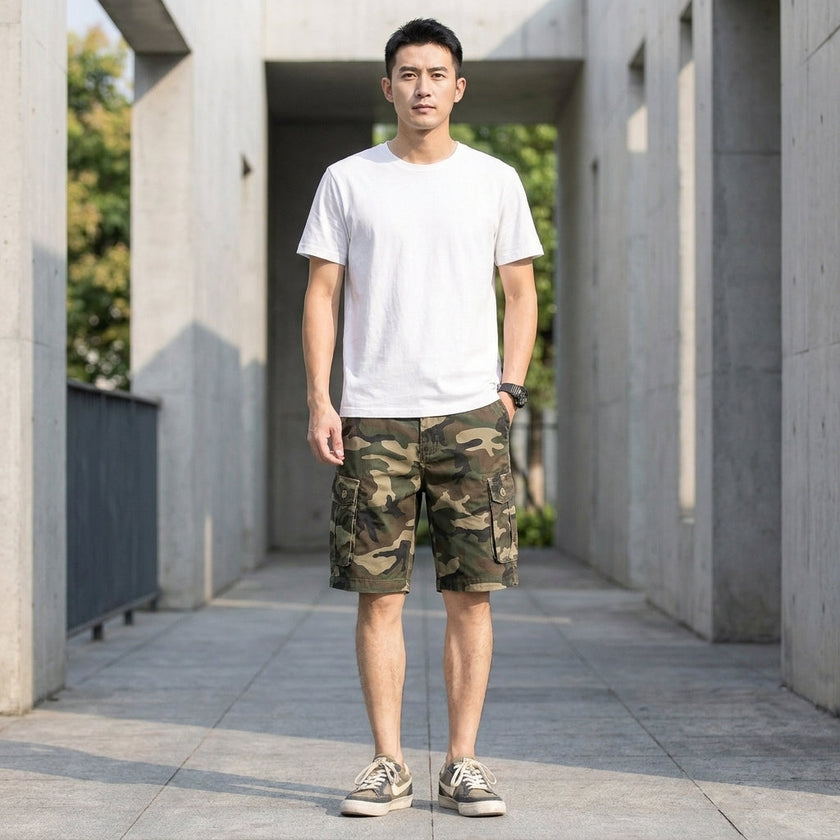 Men's casual cargo shorts by FJØRNA featuring distinctive stitch detail, shown in a relaxed lifestyle setting.