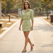 FJØRNA women's summer two-piece bodycon co-ord set, matching crop top and high-waisted skirt in a stylish lifestyle setting