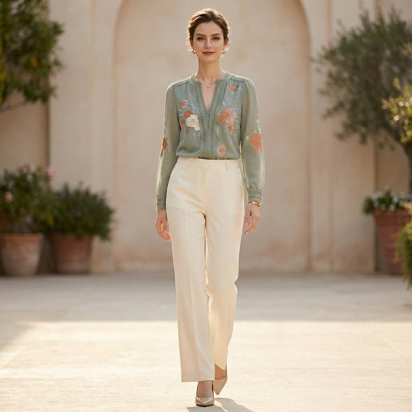 FJØRNA women's floral V-neck long sleeve summer blouse worn by a woman in a casual outdoor setting.