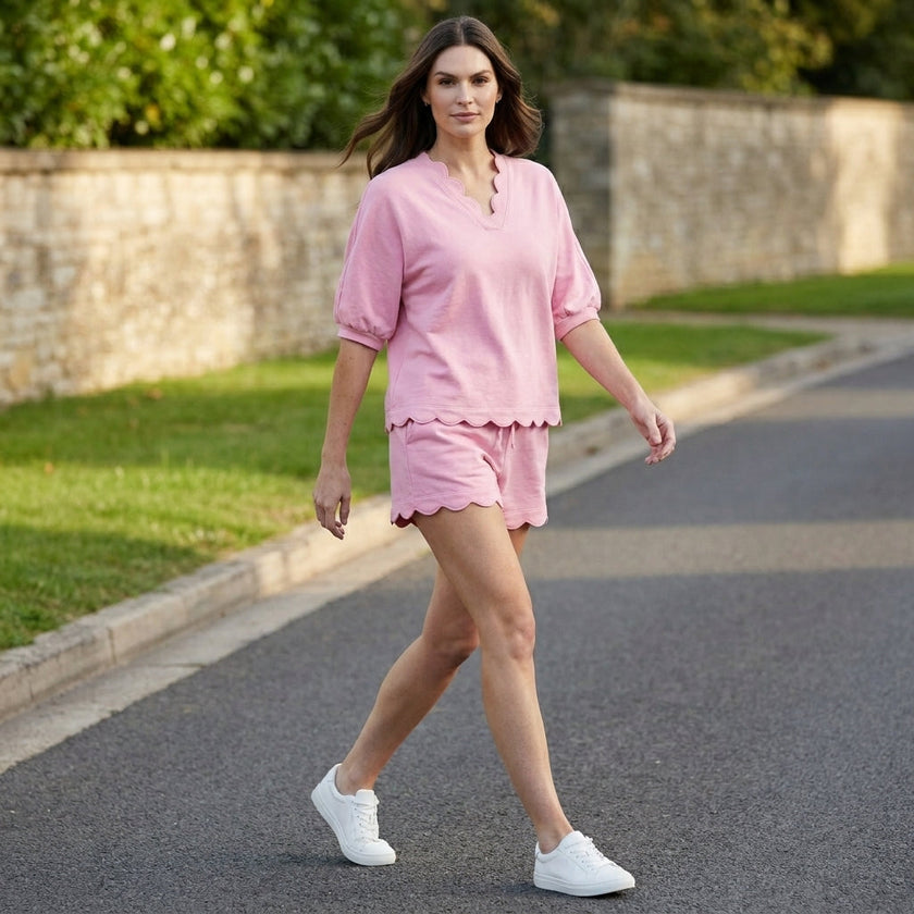 FJØRNA Blush Breeze relaxed lounge set with scalloped shorts, featuring a comfortable, stylish two-piece design for casual wear.