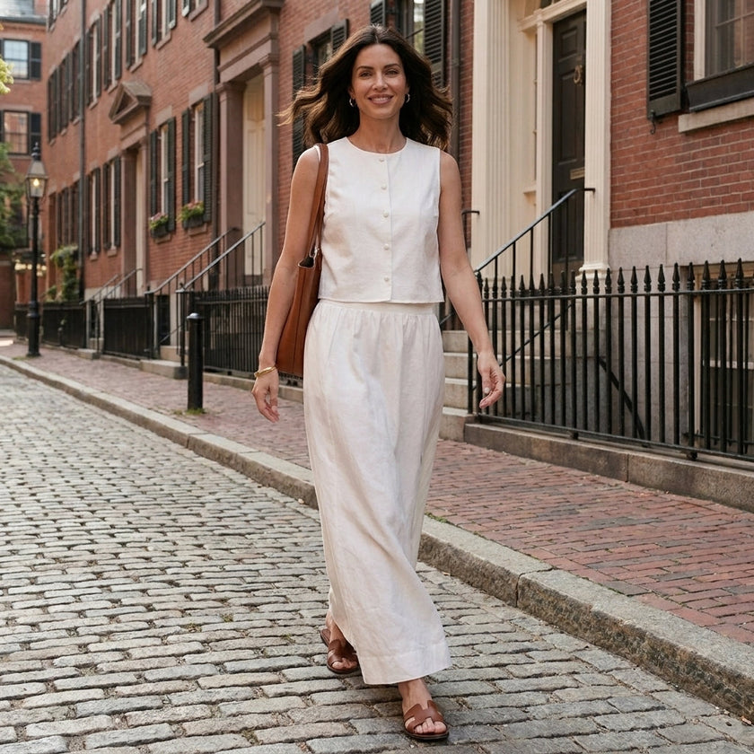 FJØRNA elegant sleeveless crop top and maxi skirt set worn in a stylish lifestyle setting, showcasing a chic summer outfit.