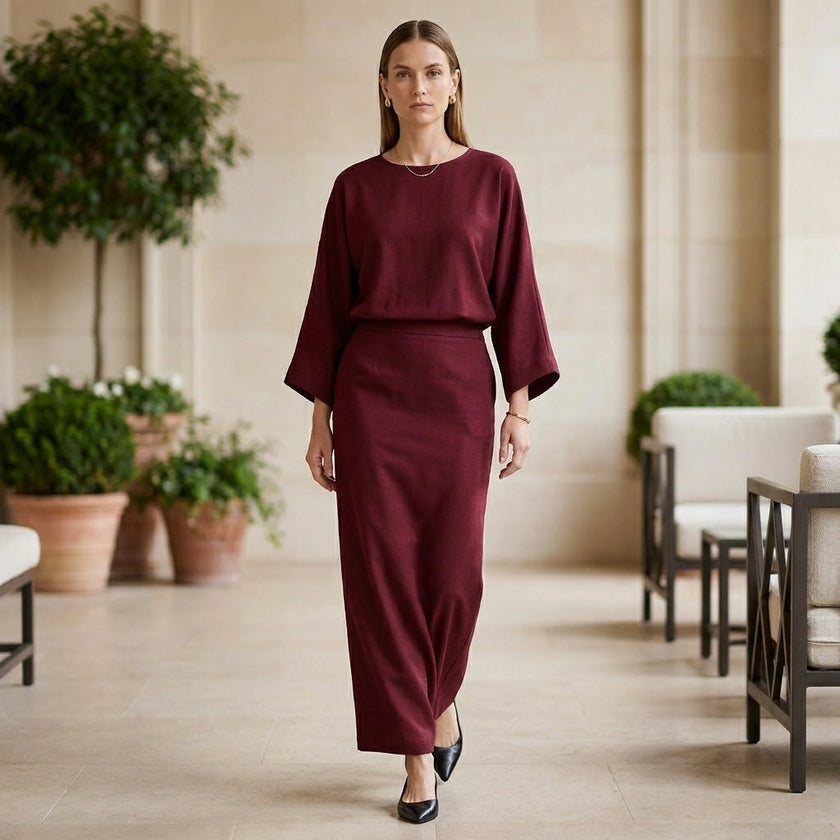 FJØRNA two-piece textured woven skirt suit with draped high-waist silhouette, shown in a stylish lifestyle setting.